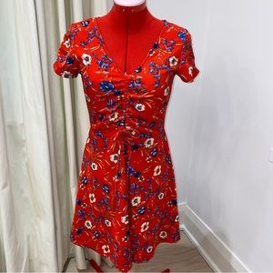 ALMOST FAMOUS Floral Dress, Red, A-line, Drawstring Ruched Chest, Women's (US M)